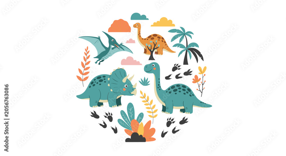 Fototapeta premium Circular composition of cute cartoon dinosaurs including triceratops, pterodactyl, and brachiosaurus in a forest.