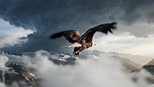 A majestic eagle soars above high snowy mountain peaks at sunset
