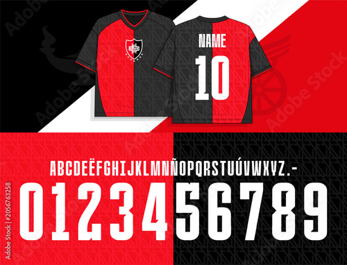 Vector athletic number font with tall condensed shapes and bold geometric construction. Decorative alphabet and numerals designed for apparel graphics, sportswear prints and branding