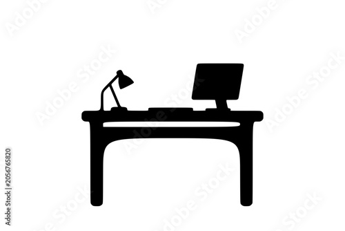 a black silhouette of a table with a computer on it ,black, computer, desk, icon, lamp, silhouette, table 