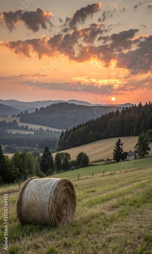 Golden sunset illuminates rolling hills and a hay bale in a field