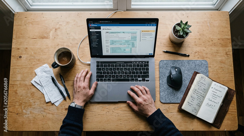 Focused person completing US tax return on laptop, managing finances in a home office setting.