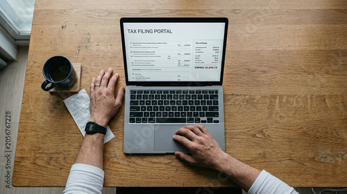Man focused on online tax filing portal, reviewing financial obligations on a laptop at home.