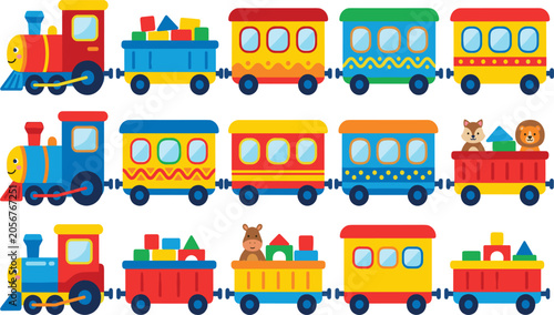 Foto Colorful Cartoon Toy Train Vector Collection with Passenger Wagons Blocks and Cu