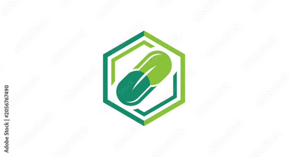 Fototapeta premium Innovative Green Pharmaceutical Capsule Emblem Within a Geometric Hexagonal Framework