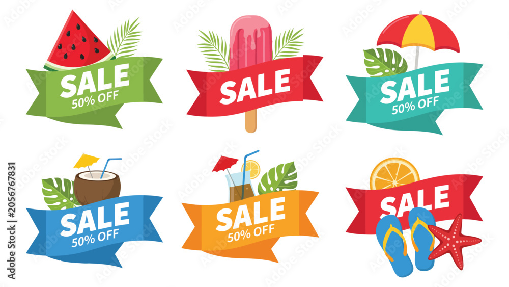 Obraz premium Summer Sale Badges with Tropical Beach Elements for Promotional Graphics, Seasonal Marketing Campaigns, Discounts and Advertising