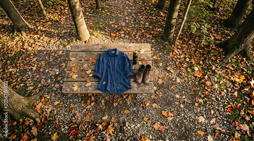 Autumn Hike Essentials on Forest Bench Amidst Vibrant Fall Leaves