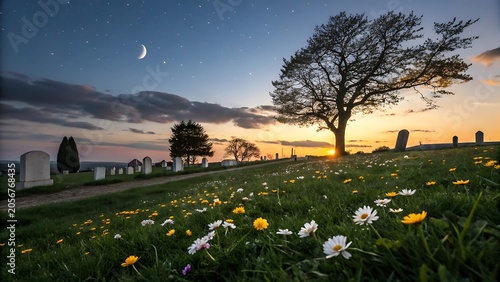 A peaceful cemetery landscape at dusk with wildflowers and a crescent moon