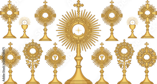 Bild auf Leinwand Golden Monstrance and Chalice Holy Communion Vector Set for Catholic Church Euch
