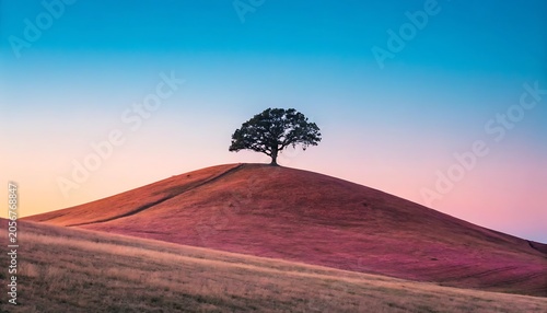 Solitary tree silhouetted on a hilltop against a vibrant sunset sky