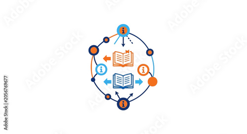 Knowledge Flow Interconnection Depicted by Books and Information Icons in Circular Format
