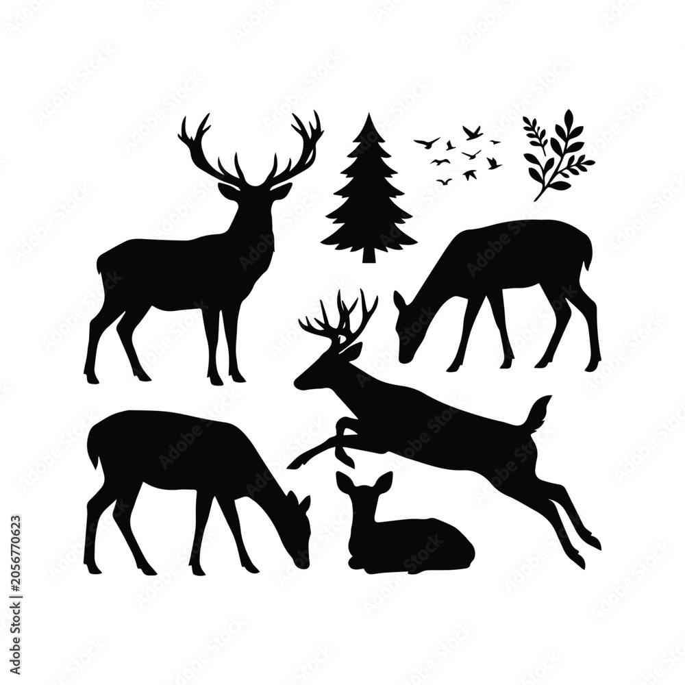Fototapeta premium Deer family and forest elements silhouette illustration
