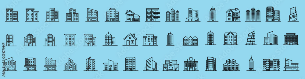 Fototapeta premium Blue urban skyline illustration buildings and abstract elements