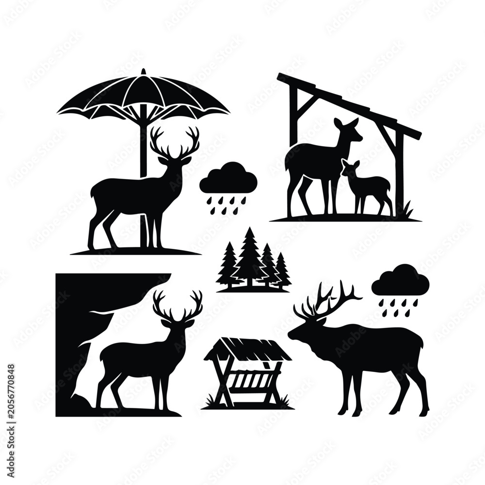 Fototapeta premium Set of deer in forest settings with umbrellas and rain clouds vector graphics