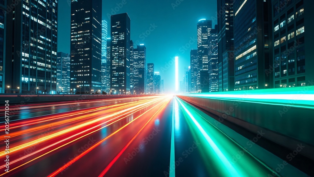 Fototapeta premium Dynamic red and green vehicle light trails stretch down a city highway toward a glowing modern skyscraper skyline at night.