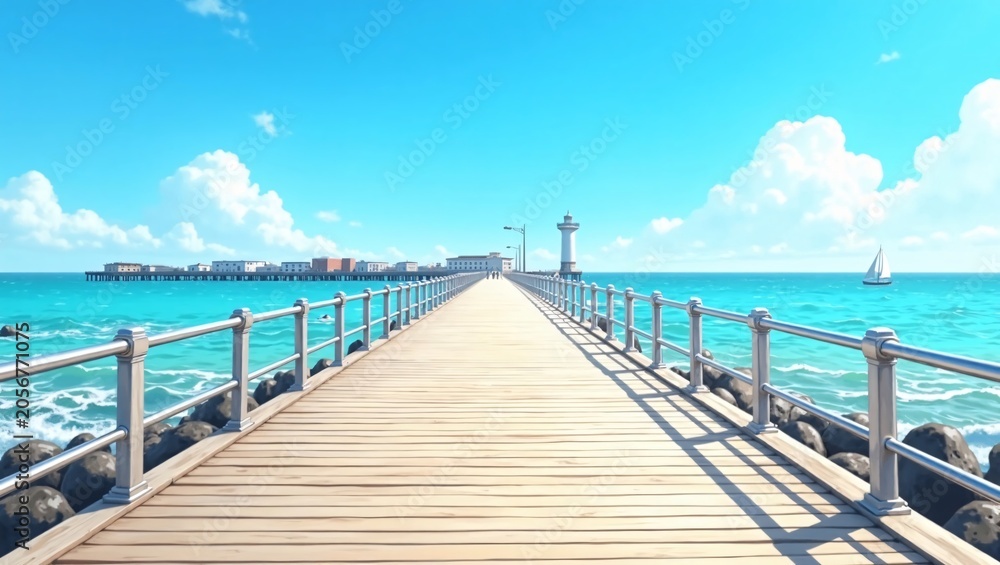 Fototapeta premium Wooden pier stretching toward a white lighthouse over turquoise sea under a bright blue sky with fluffy clouds.
