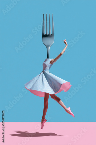 Dancer gracefully twirling with a fork in a whimsical collage artwork