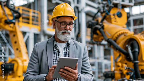 Factory manager analyzes data on tablet in high-tech robotic environment