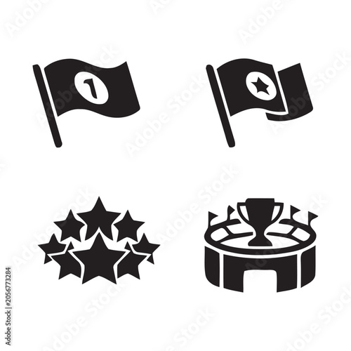 Flags, stars, and trophy silhouettes on a white background, a set of black vector icons. award achievement banner challenge champion competition contest decoration emblem flag