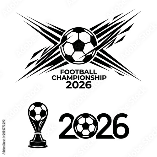 Soccer ball and trophy vector illustration with dynamic lines and text for football championship 2026. futbol sphere pentagon hexagon sports equipment cup winner victory award
