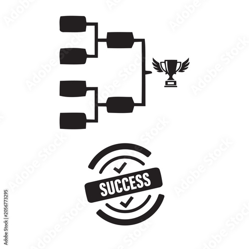 Tournament bracket and success stamp, black silhouette icons on a white background. championship competition elimination playoffs ladder flowchart diagram structure organization scheme trophy award cu