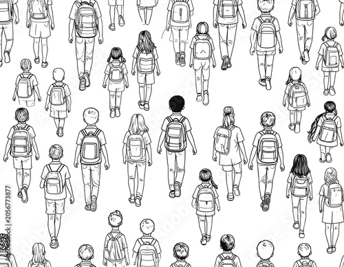 Black and white line art of diverse human figures.