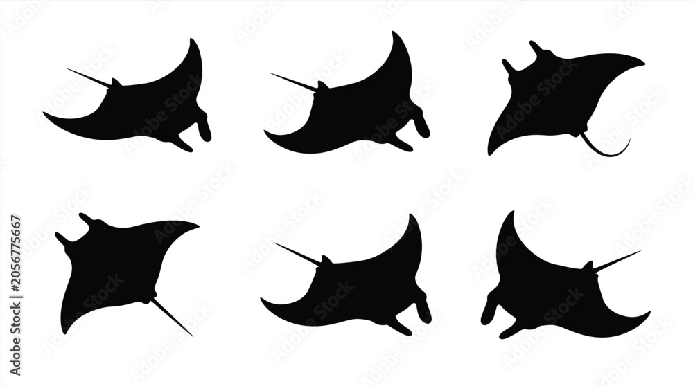 Fototapeta premium Black silhouettes of manta rays swimming Vector