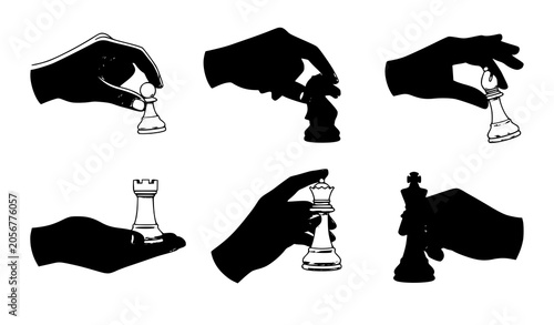 Foto Hands holding chess pieces collection vector illustration strategy game set isol