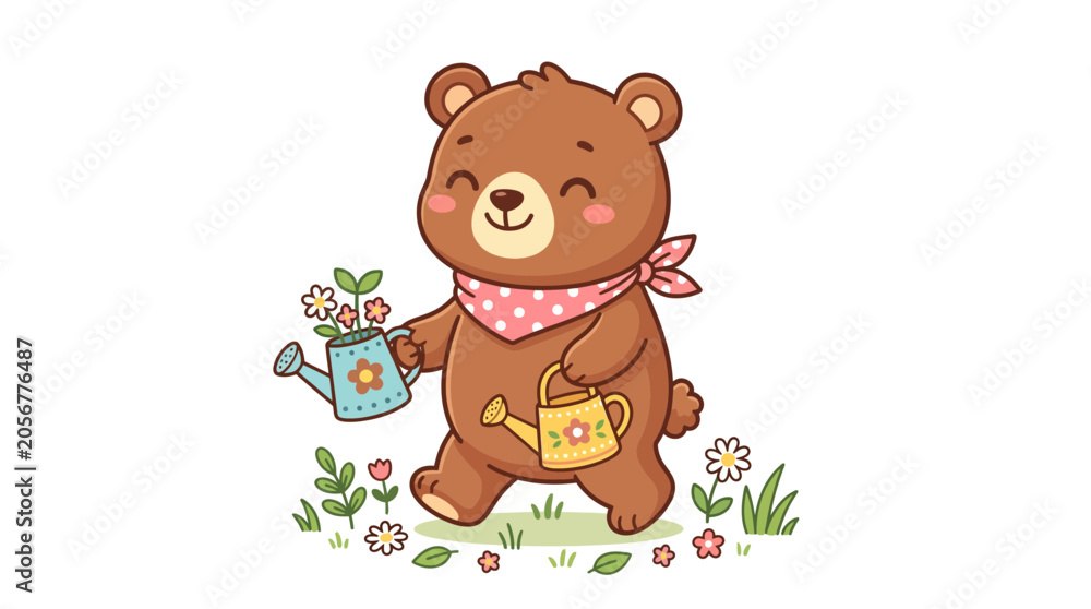 Obraz premium Cute Bear Watering Flowers, Gardening, Spring Season, Cartoon