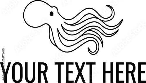 Creative marine life and ocean creature octopus logo design template featuring black outline illustration of a swimming octopus on white background
