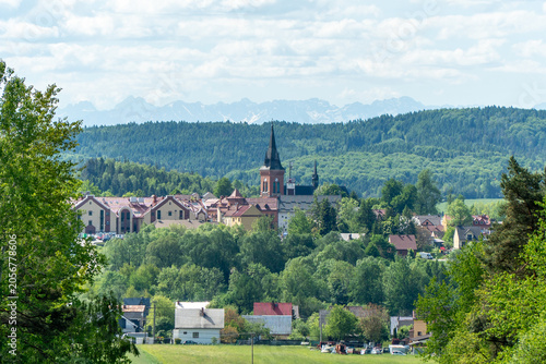 The town of Jordanow against the backdrop of the Tatra Mountains