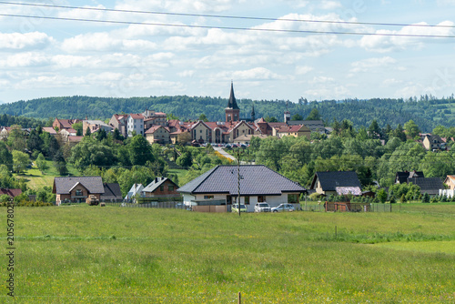 Panorama of the picturesque small town of Jordanow - in spring.
