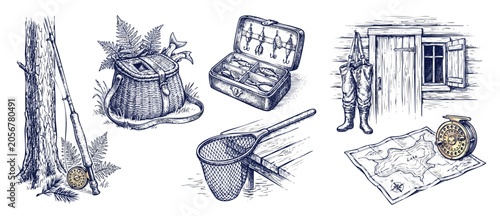 Vintage fishing gear illustrations set depicting rustic fly fishing tackle, equipment, rod, reel, tackle box, wicker creel basket, landing net, cabin waders, and lake map for rustic outdoor adventures