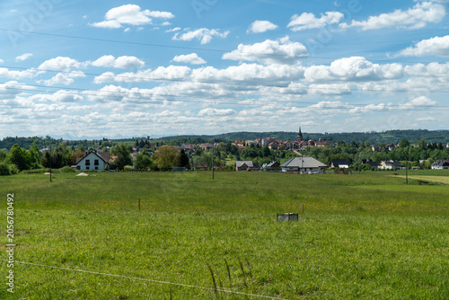 Panorama of the picturesque small town of Jordanow - in spring.