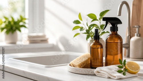 Home cleaning supplies on a kitchen counter with plants, sunlight, and a sink in the background