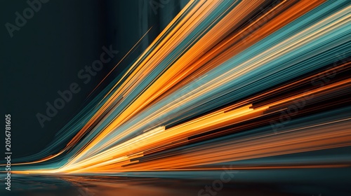 Abstract digital speed lines in orange and teal converging toward a vanishing point on a dark background with motion blur effect.