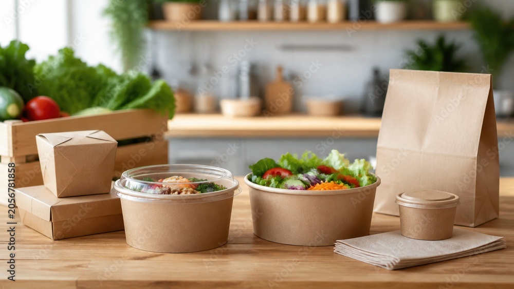 Fototapeta premium Takeaway food setup on a wooden table with salad, containers, and paper bags in a kitchen environment