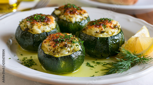 Delicious Greek zucchini stuffed with rice and fresh herbs for a tasty meal