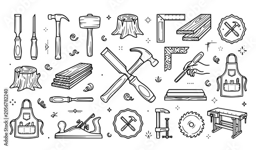 Fotografie Carpentry tools and equipment illustrations for woodworking projects and diy ent