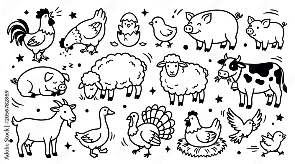 Fototapeta premium Collection of cute black and white doodle farm animals, including pigs, chickens, sheep, and a cow, on a clean white background