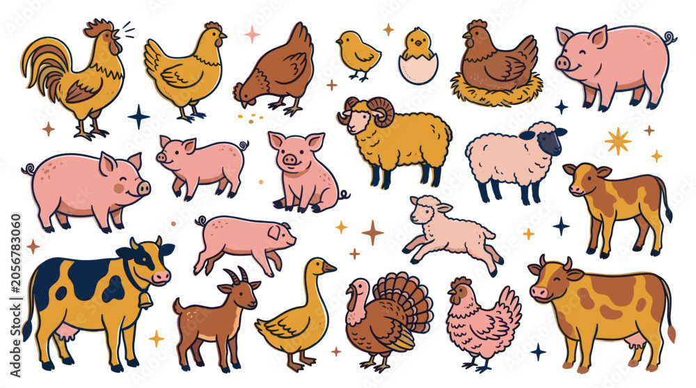 Obraz premium Adorable cartoon farm animals including pigs, cows, chickens, sheep, and goats are playfully scattered across a clean white background