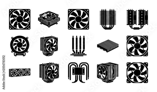 Canvastavla Computer cooling system icons, 15 vector silhouettes of CPU coolers and PC fans,