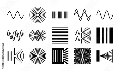 Bild auf Leinwand Scientific wave physics icons set, 15 vector diagrams of interference and diffra