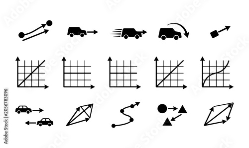 Tableau sur toile Physics motion icons set, 15 vector symbols of kinematics and dynamics, black li