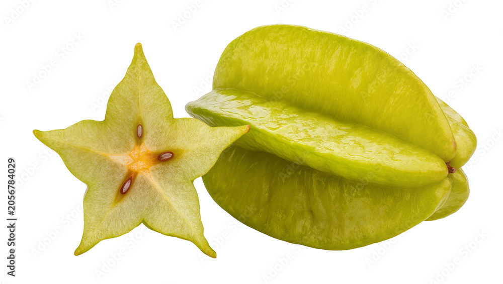 Fototapeta premium Isolated whole and sliced fresh starfruit displaying vibrant yellow-green tropical fruit