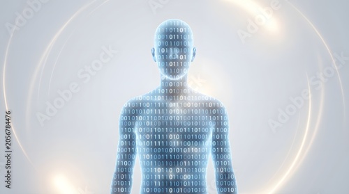 A glowing human silhouette formed by cascading binary code data streams on a soft white background.
