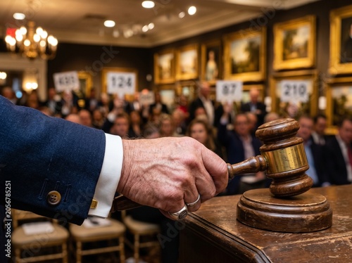 Auctioneer Hand Holding Wooden Gavel at Art Bidding Event