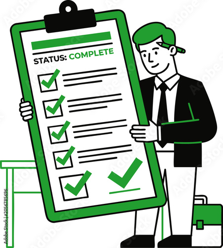 Businessman holding a large clipboard with a checklist showing a complete status, professional project management concept, task completion, successful business achievement, vector illustration