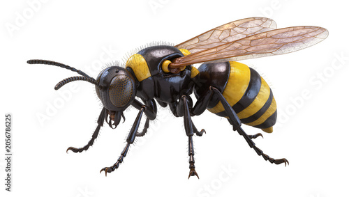 Fotografie Isolated detailed yellow and black striped wasp with realistic wings and furry b