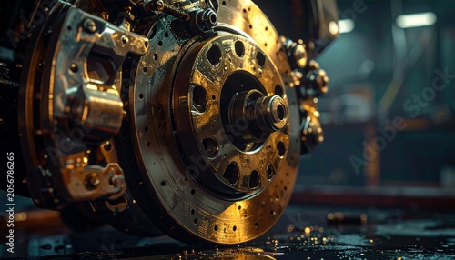 Golden Industrial Rotor – Detailed Mechanical Engineering Component, Precision Manufacturing, Metallic Flywheel Design, and Industrial Workshop Aesthetic